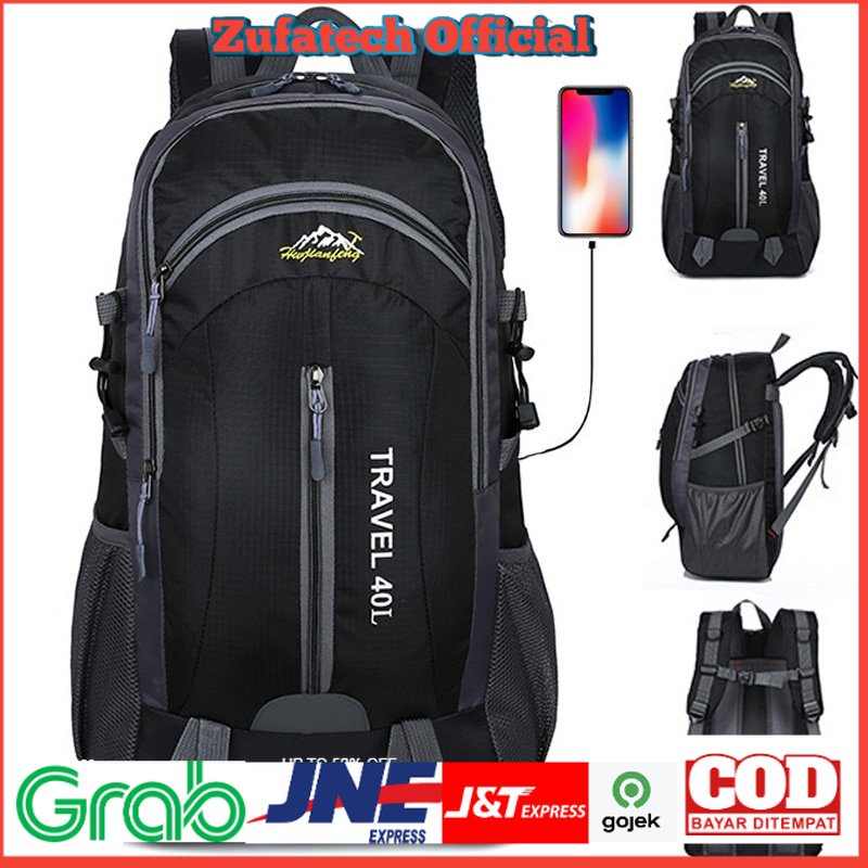 HUWAIJIANFENG Tas Gunung Travel Outdoor Adventure Waterproof 40L with USB Charger Port - ST31 - Black