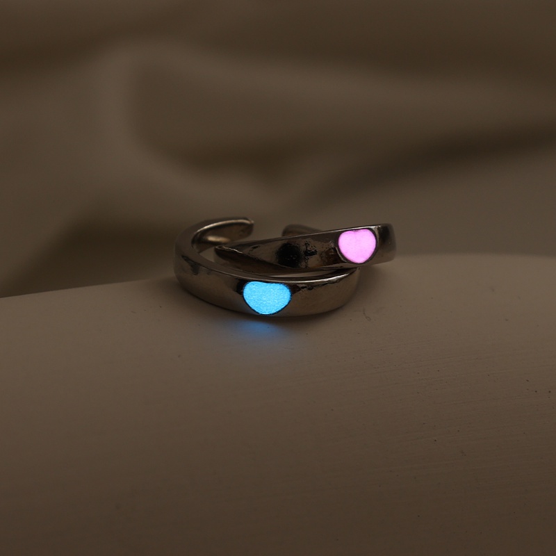 Glow In Dark Fashion Lovers Rings Luminous Ring INS Best Friends Pasangan Hari Valentine Perhiasan Hadiah Pembukaan Cincin Yang Dapat Disesuaikan Biru Pink Hati Paduan Cincin Perhiasan Pesta Romantis