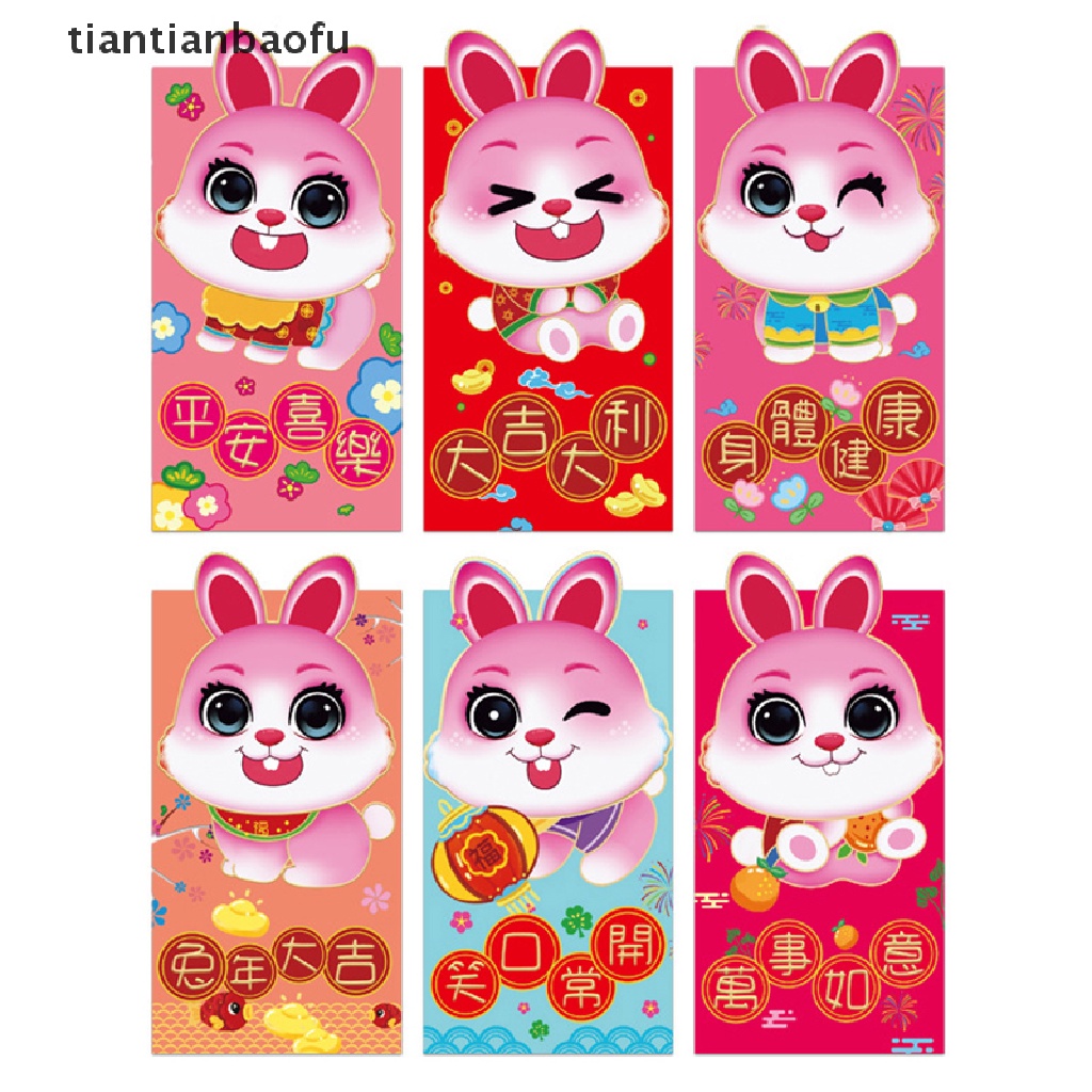 [tiantianbaofu] 6pcs Kelinci Tahun Amplop Merah Imlek 2023tahun Baru Amplop Uang Paket Merah Untuk Butik Festival Musim Semi