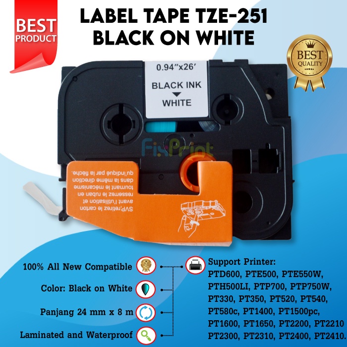 

Label Tape Casette Black on White 24mm Printer Brothr PTD600 PTE500 550W PTH500LI PTP700 750W PT520