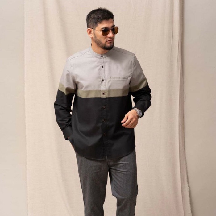 {FamilyStore} Benhill Kemeja Koko Pria Polos Panjang Katun Poplin Putih - Gray L Berkualitas