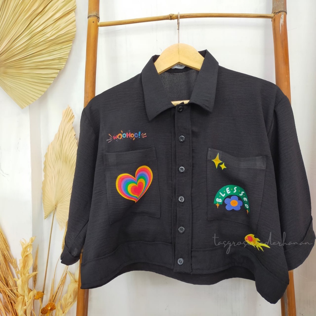 Kemeja Crop Crincle oversize - Kemeja Shirt Crincle sablon Outer Crop Murah - Bisa COD