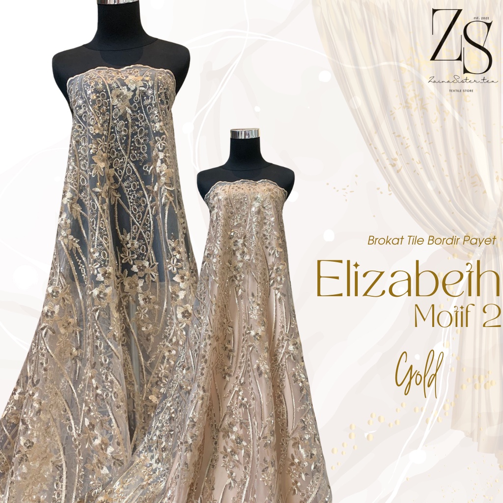 Kain Brukat Tile Bordir Payet Mewah Elizabeth Motif 2 Warna Light Gold Emas