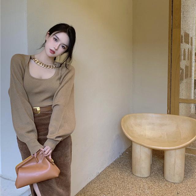 Suhao Rantai Warna Kopi Jaket Sweater Wanita Pendek Longgar Lengan Panjang Selendang Blus Dua Setelan Jas Rajutan cardigan Top