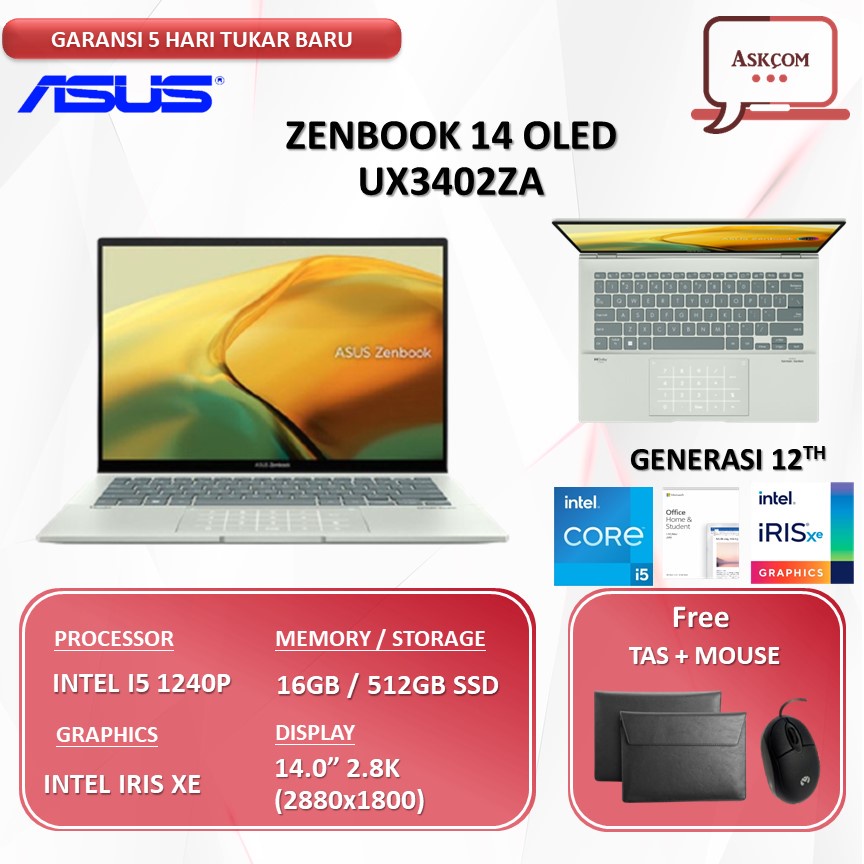 Laptop Asus ZenBook 14 Oled UX3402ZA Touch Evo I5 1240P RAM 16GB 512GB SSD IRISXE OHS 14.0 2.8K W11