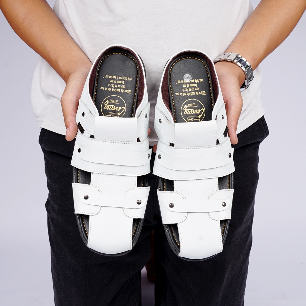 Cevany Sandal Pria Kulit Asli - Borongsong S (Bustong) Putih