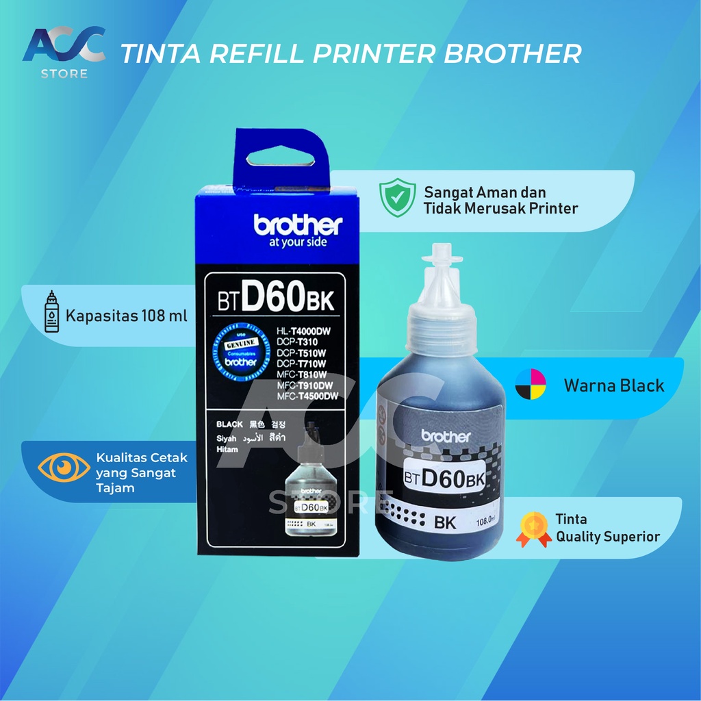 1 SET 4 PCS Tinta Brother BTD60BK BT5000 Isi Ulang Printer HL T4000DW DCP T310 T510W T710W MFC T810W T910DW T4500DW