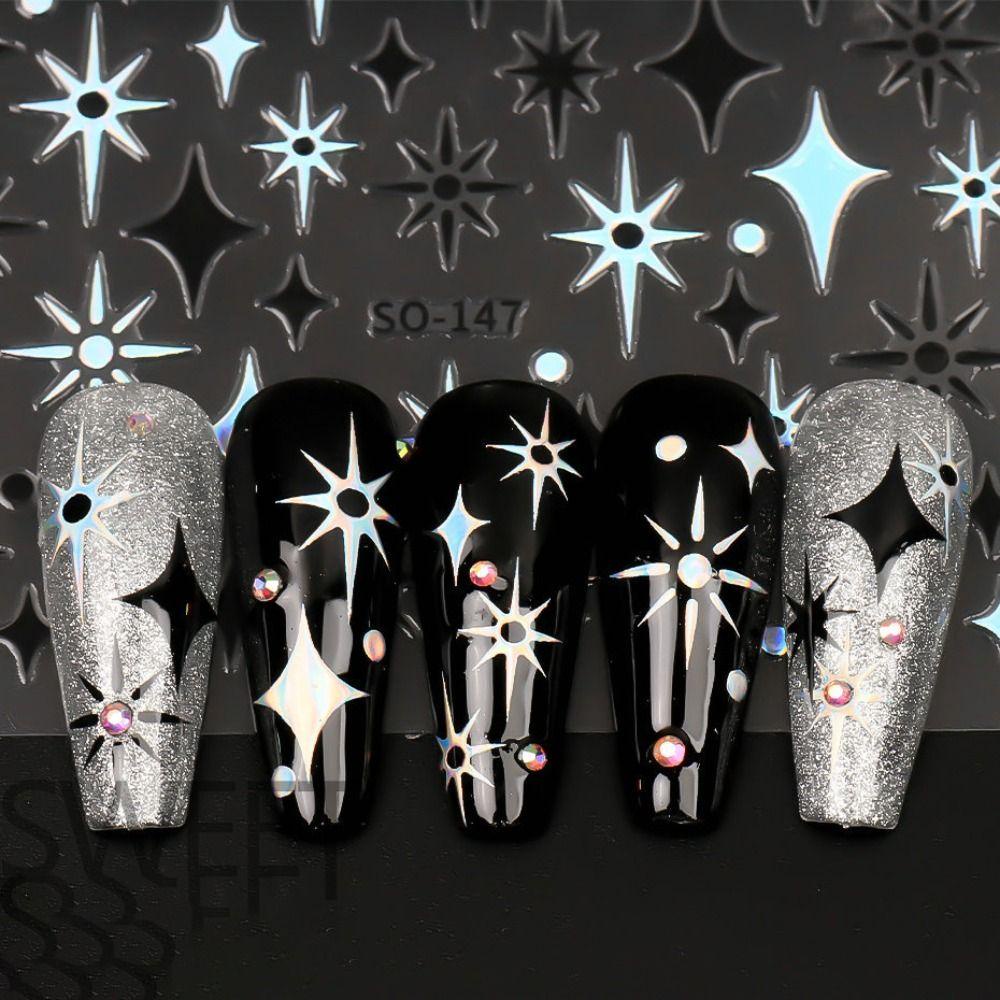 AUGUSTINA Agustinina Star Nail Stickers Ins Style Bronzing Stars Self-adhesive Hitam Putih Nail Art Dekorasi
