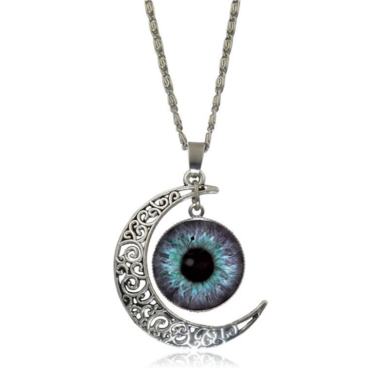 Mata Kucing Warna-Warni Mata Naga Desain Bulan Liontin Buatan Tangan Vintage Cat Eyes Glass Dome Moon Necklace