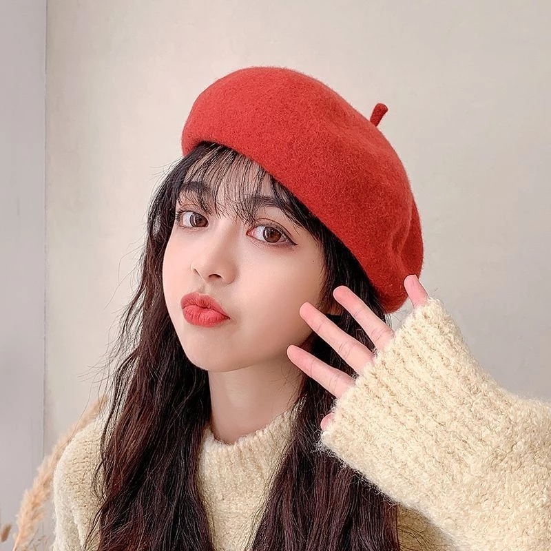 [Hot Sale] Korea Fashion Baret Wol Hangat/Retro Solid Colours Beret Hats/Topi Kupluk Musim Dingin Gaya Artis Perancis Untuk Wanita Perempuan