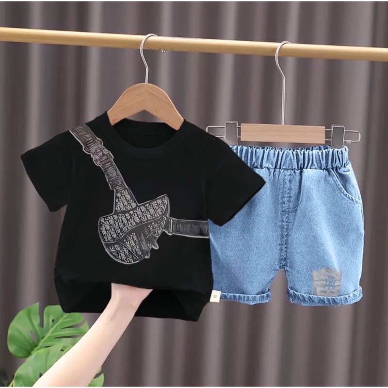 Trendy setelan baju kaos celana jeans denim bayi anak laki laki dan perempuan unisex motif tas wasbag dr best quality usia 6 bulan-5 tahun termurah terlaris terbaru