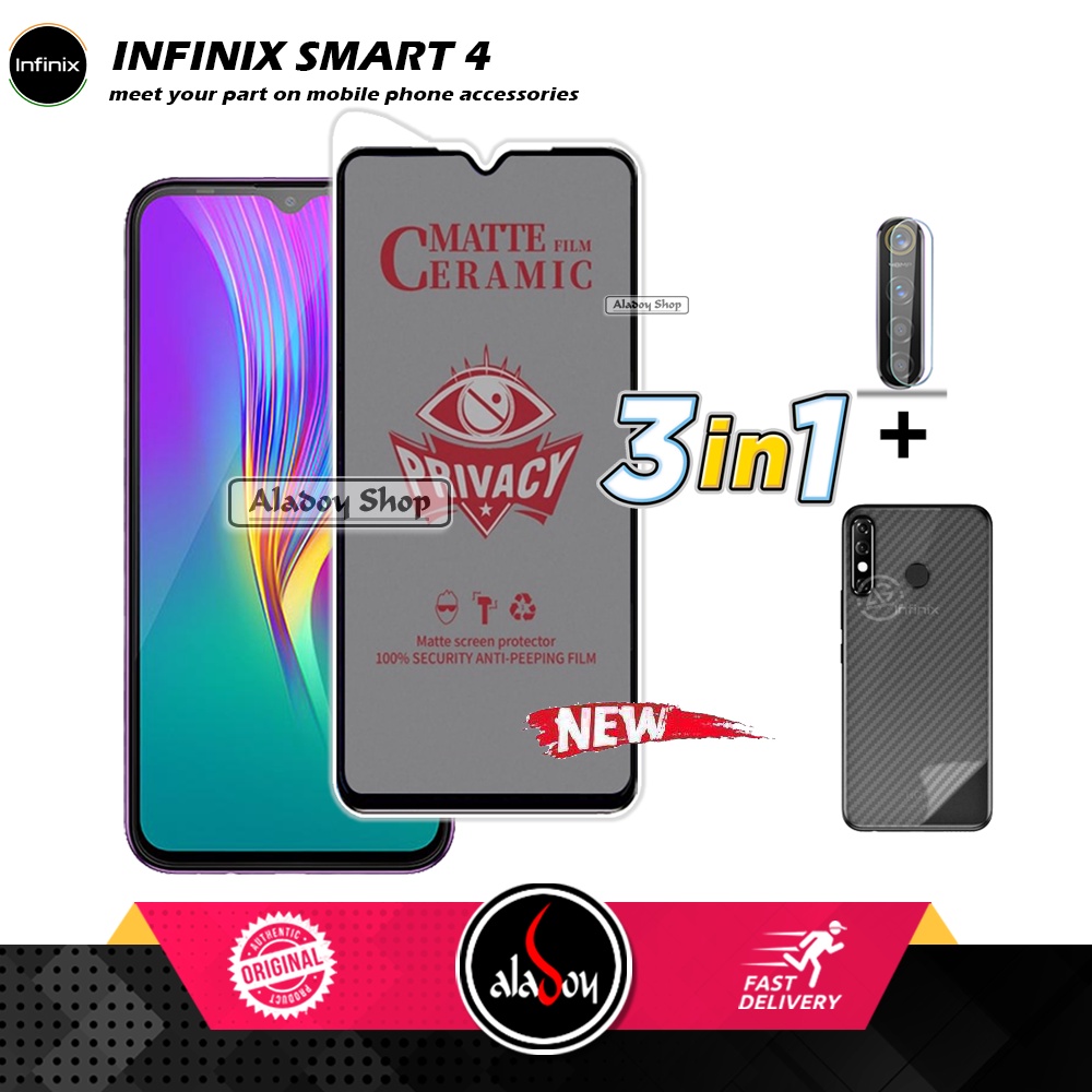 Tempered Glass Anti SPY Infinix Smart 4 Anti Gores Privacy + Tempered Glass kamera dan Skin Carbon