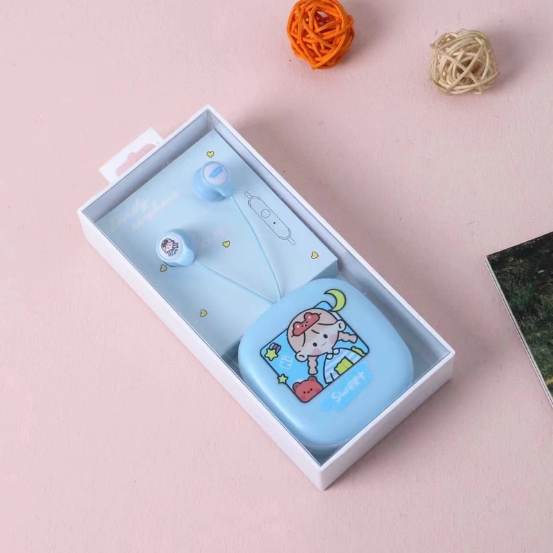 [ XY 49 ] Set Headset Earphone karakter motif series LOVELY EARPHONE IMUT / + Wadah penyimpanan Earphone Motif