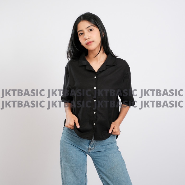Terbaru Kemeja Hitam Wanita Lengan Pendek Linen Oversize Open Collar Shirt