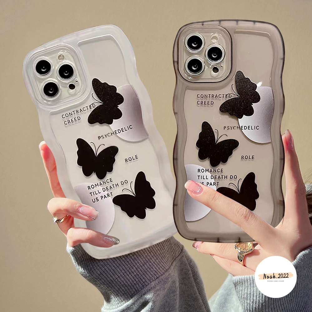 IPHONE Casing Lembut Kompatibel Untuk Iphone14Plus11 12 13 Pro Max 6 6s 7 8 Plus X Xr Xs Max SE 2020kecil Hitam Kupu-Kupu TPU Phone Case Wave Edge Back Cover