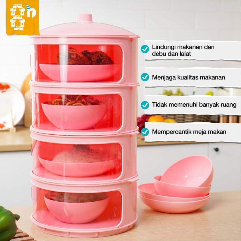 Tudung Saji 4 Susun PINK Berkualitas TEBAL Rak Makanan Dishes Keeper Technoplast Jumbo