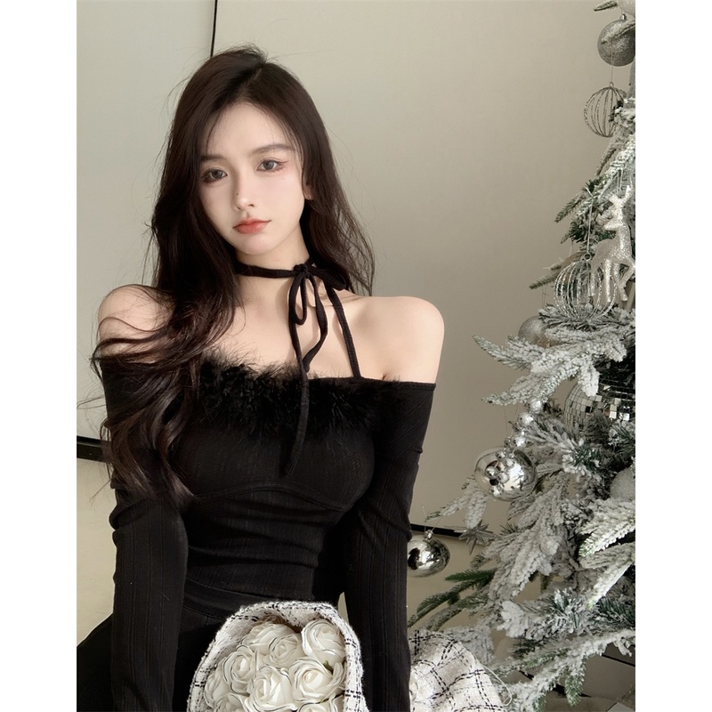 ✌❃♨Suhao Hitam Satu Bahu Lengan Panjang Rajutan Sweater Wanita Musim Gugur Gadis Panas Menggantung Leher Dasi Slim Fit dan Tipis Pendek Bottoming Top