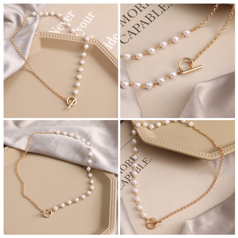 Ins Fashion Kalung Rantai Mutiara Wanita Warna Emas OT Gesper Alloy Bead Chain Necklace Untuk Wanita Pesta Perhiasan Hadiah