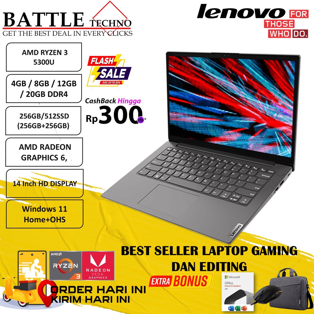 LAPTOP DESAIN LENOVO V14 G2 AMD RYZEN 3 5300U 20GB 512GB SSD VEGA 6 14 HD WIN11HOME TERLARIS