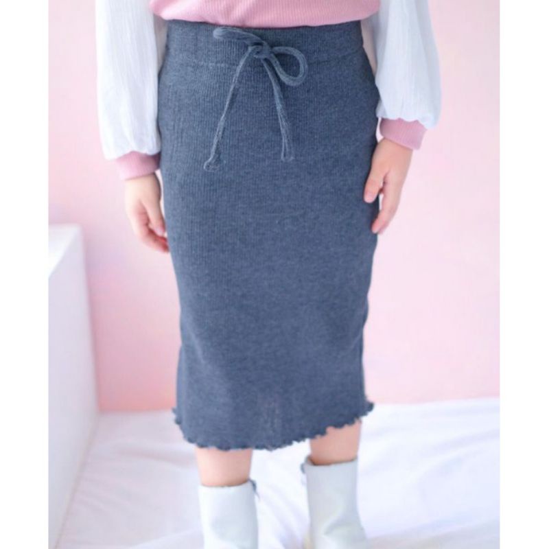 ROK SPAN Skirt Anak Perempuan Curly Ruffle Knit Tee | Bawahan Rok Anak Bahan Rib Knot Halus Dan Lembut