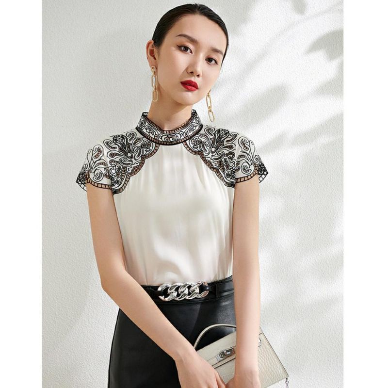 0181 Pakaian baju blus blouse kemeja lengan pendek polos kerah leher turtle neck nek gaya Korea keki