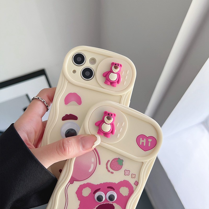 Cute Strawberry Bear Doll Push The Window Cover Soft Case iP iPhone 11 12 13 14 Pro Max + Plus Wavy Casing Apple