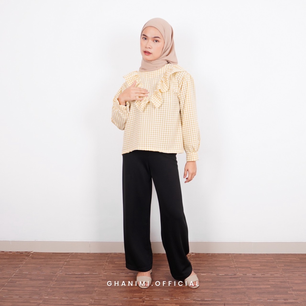 Ghanimi - Kesya Blouse / Blus Crinkle Motif Gingham / Crop Top tangan Panjang / Atasan Motif Ruffle / Atasan Kerja / Blouse Kerja / Atasan Casual / Blus Kerja / Blus unik / Blus kotak kotak