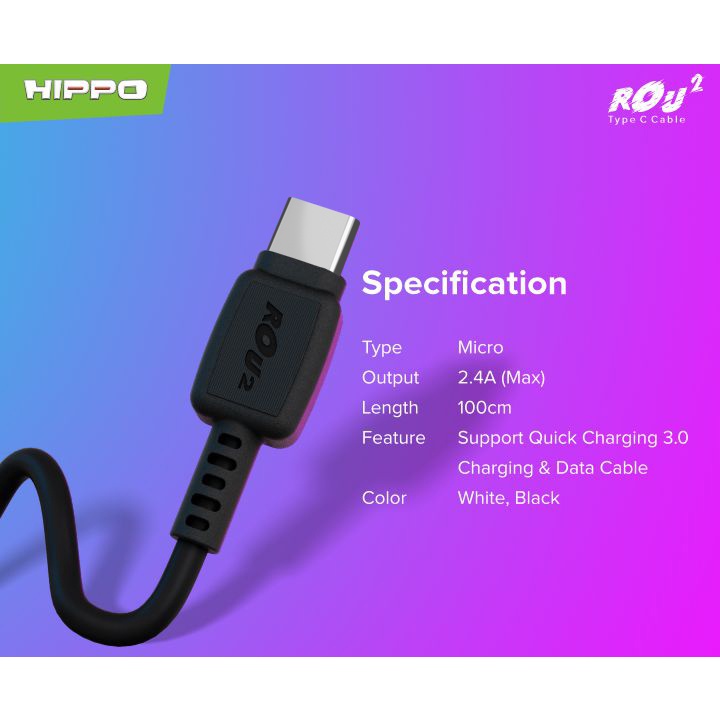 Hippo ROU 2 kabel data charger USB Micro Type-C Lightning Quick Charging 3.0