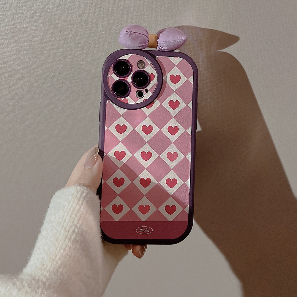 Ins Love Checked Bow Cocok Untuk Iphone14 14pro 14Plus 14prm iPhone 13 13pro 13prm iPhone 11 7Plus 8Plus Xr XS 12 Pro Max Empat Sudut Casing Ponsel Tahan Guncangan