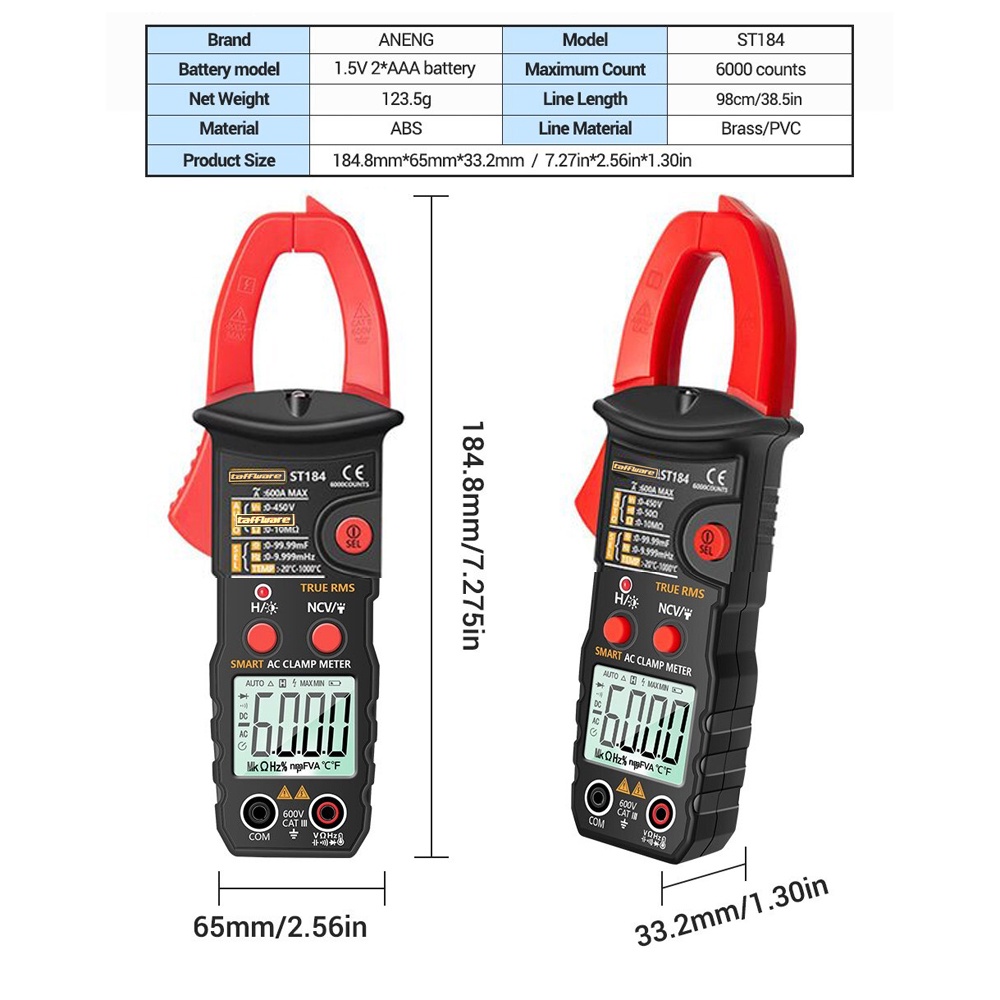 ANENG Taffware ST184 Digital Clamp Multimeter Temperature Probe