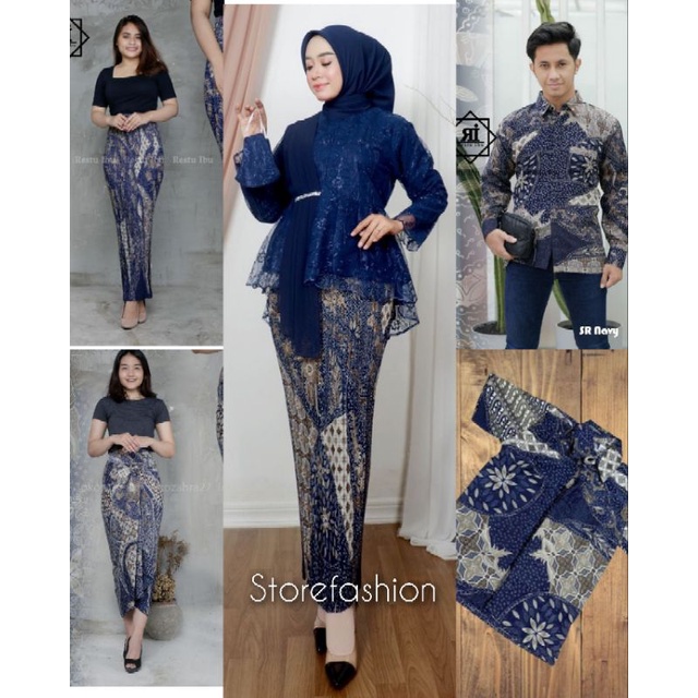 COUPLE BATIK / BATIK MODERN / SERAGAMAN KELUARGA MOTIF SEROJA NAVY / SET AURORA SELENDANG COUPLE