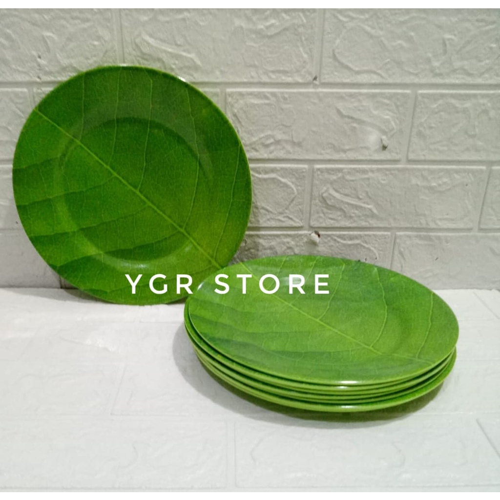 PROMO piring melamin ceper motif daun/ warna hijau/ ukuran; 10inc/ diameter 25cm/ termurah
