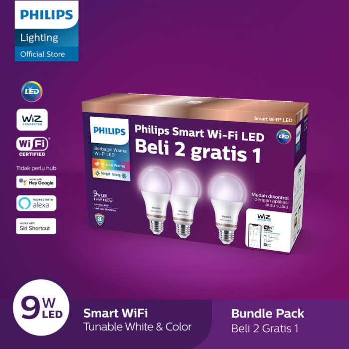 PHILIPS LAMPU SMART WIFI LED MULTIPACK 9W - COLOR & TW (WARNA)