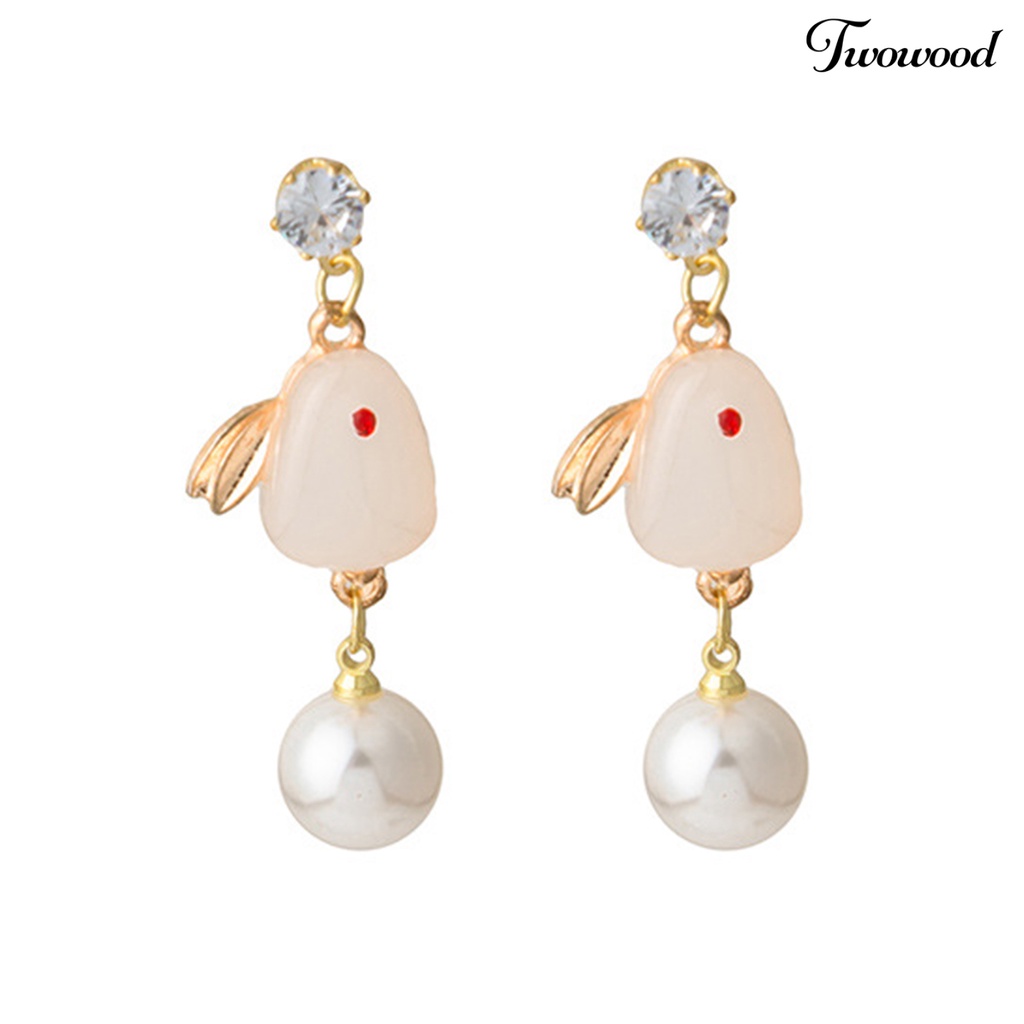 Twowood 1pasang Anting Tusuk Wanita Realistis Tidak Alergi Faux Pearl Bunny Drop Earrings Untuk Pacaran