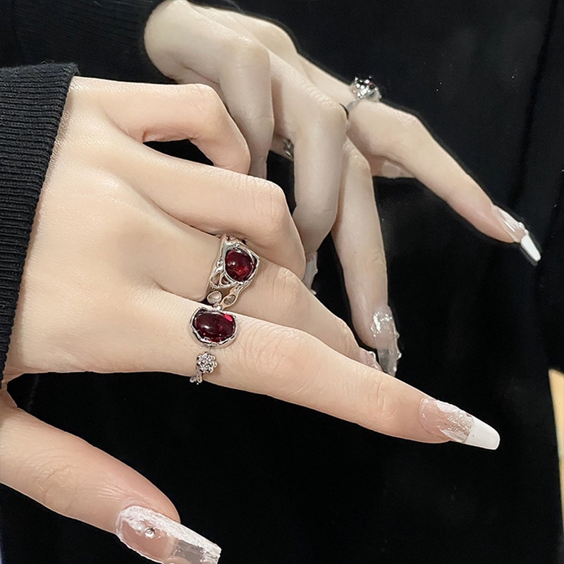 Cincin Tidak Teratur Dengan Opal Aesthetic Egirl Berongga Vintage Batu Merah Cincin Untuk Wanita Kuncup Bunga Cincin Terbuka Perhiasan Trendi