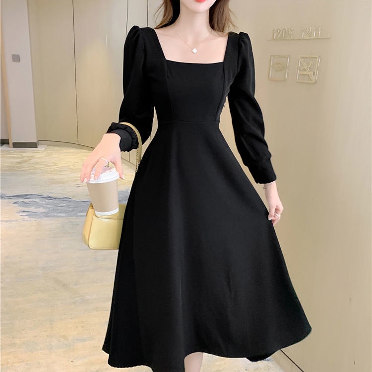 Dress korea/kerah persegi vintage dress/dress hitam panjang