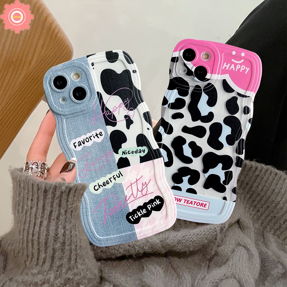 IPHONE Casing Motif Sapi Leopard Kompatibel Untuk Iphone6 6s 8 7 Plus XR 11 Pro Max14 13 12 Pro Max 14Plus X XS Max SE 2020motif Denim Splicing Lembut Bergelombang Edge Case