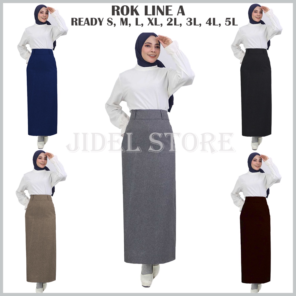 Rok Kerja Panjang Wanita LINE A Ukuran S - 5L JUMBO Bahan Gabardine Premium Hitam Abu Mocca Coklat M