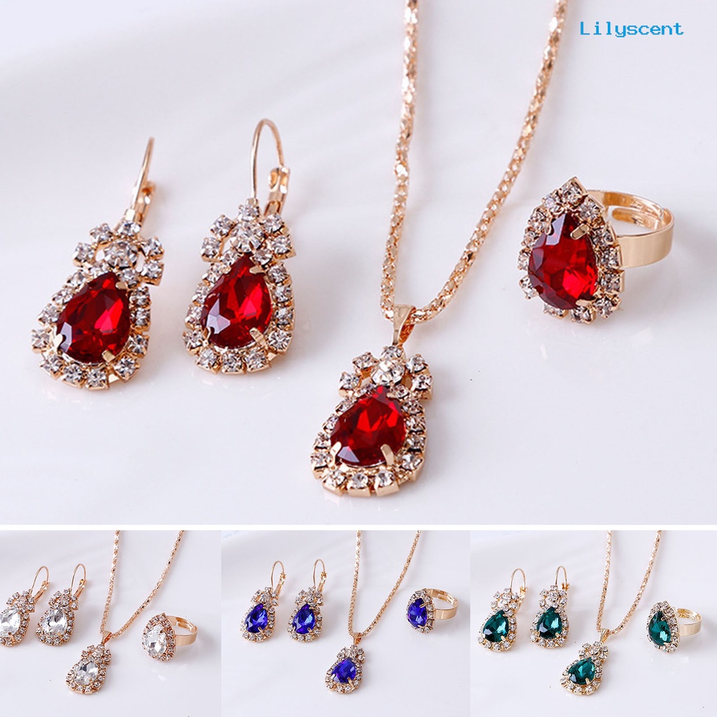 [LS] 3pcs/set Ladies Pendant Necklace Bentuk Tetesan Air Aksesori Tahan Aus Elegan Kalung Menjuntai Anting Cincin Set Untuk Pernikahan