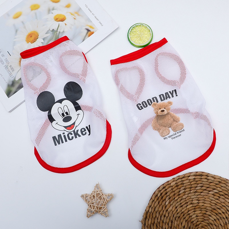Baju Anjing Musim Panas Jala Tipis Bernapas Rompi Anjing Peliharaan Pakaian Kucing Mickey Corgi
