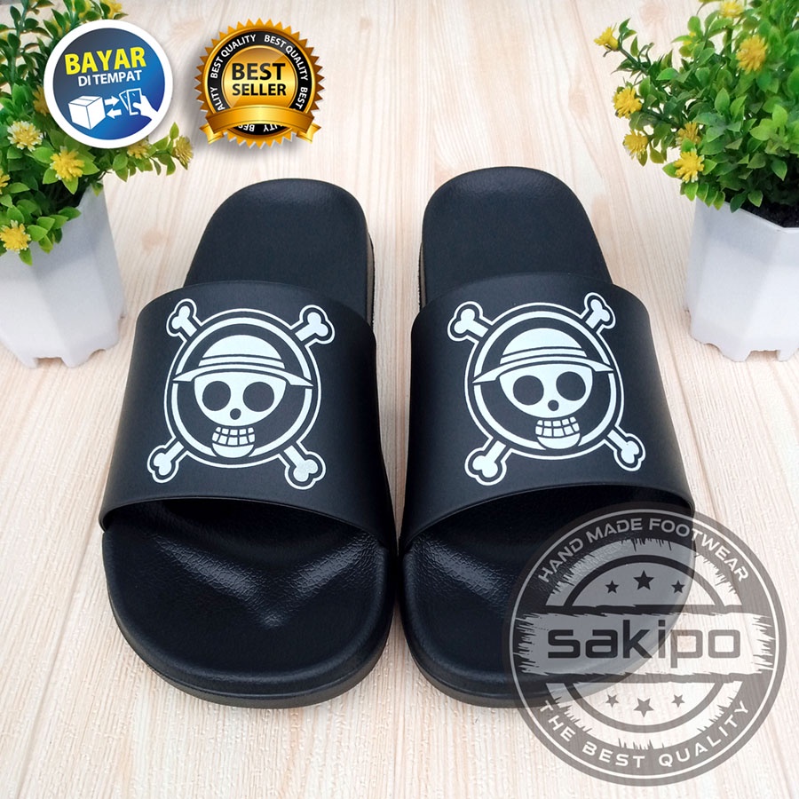 PROMO 1.1 MANTUL SALE !! SANDAL DISTRO KEREN KEKINIAN PRIA DEWASA REMAJA SLIDE HITAM MOTIF TENGKORAK LUFFI ONE PEACE / SAKIPO