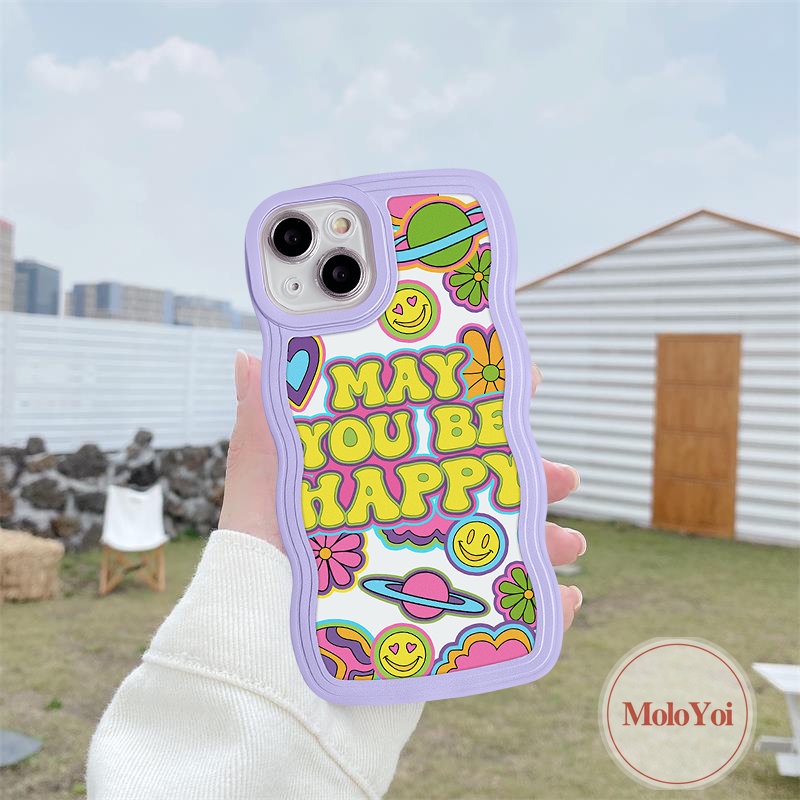 IPHONE Casing Case Compatible Untuk Iphone6 6s 78 Plus 11 13 12 14 Pro Max XR X XS Max14 Plus 7Plus 8Plus SE 2020 Wavy Edge Casetify Warna Warni Rainbow Smile Wish You a Happy Label Soft TPU Cover