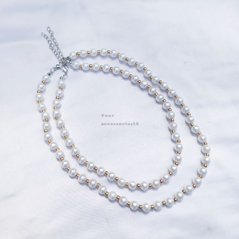 Kalung mutiara pearl necklace choker - putih bersih 8mm manik gold