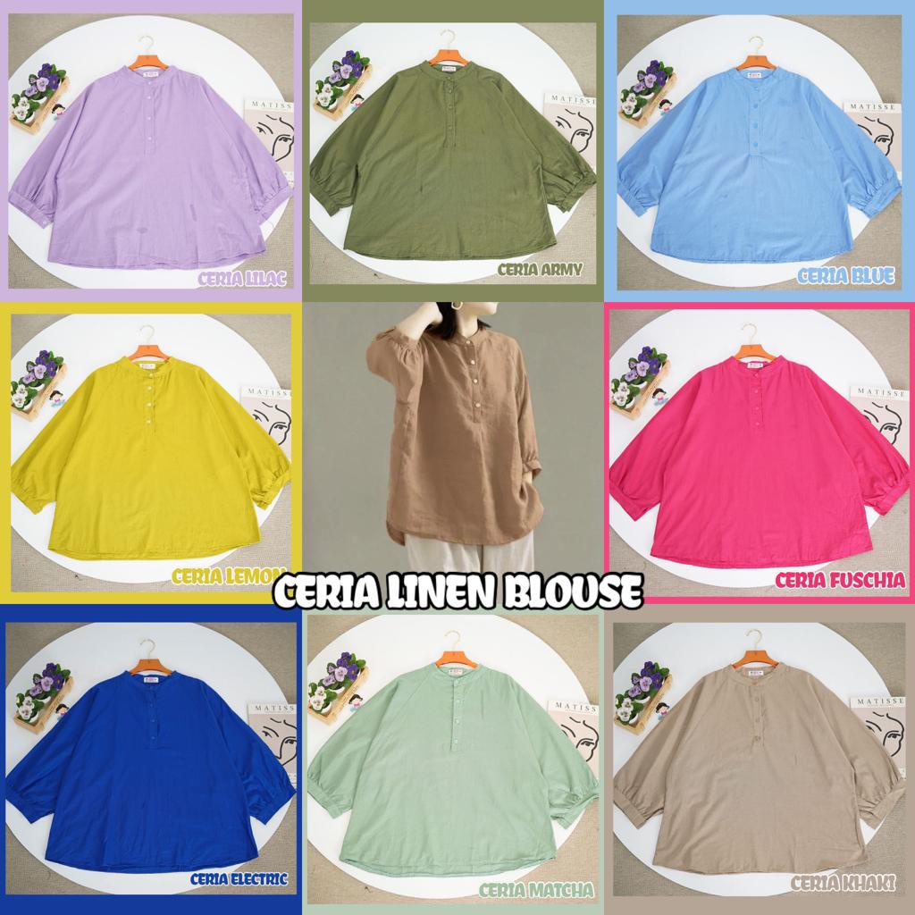 BEFAST - ZFS Blouse LIDI Linen Kerah Sanghai Kancing Hidup / CERIA LINEN BLOUSE / HEM Wanita Casual / Atasan Lengan 3/4 / Pakaian Kekinian Wanita Kerja / Kemeja Polos Formal / Outifit Daily Wanita Simple