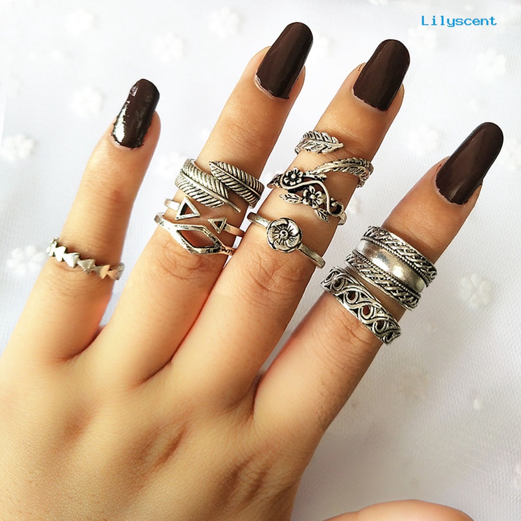 [LS]9Pcs Stackable Knuckle Rings Hollow Keluar Bunga Daun Wanita Vintage Jari Cincin Perhiasan Aksesoris