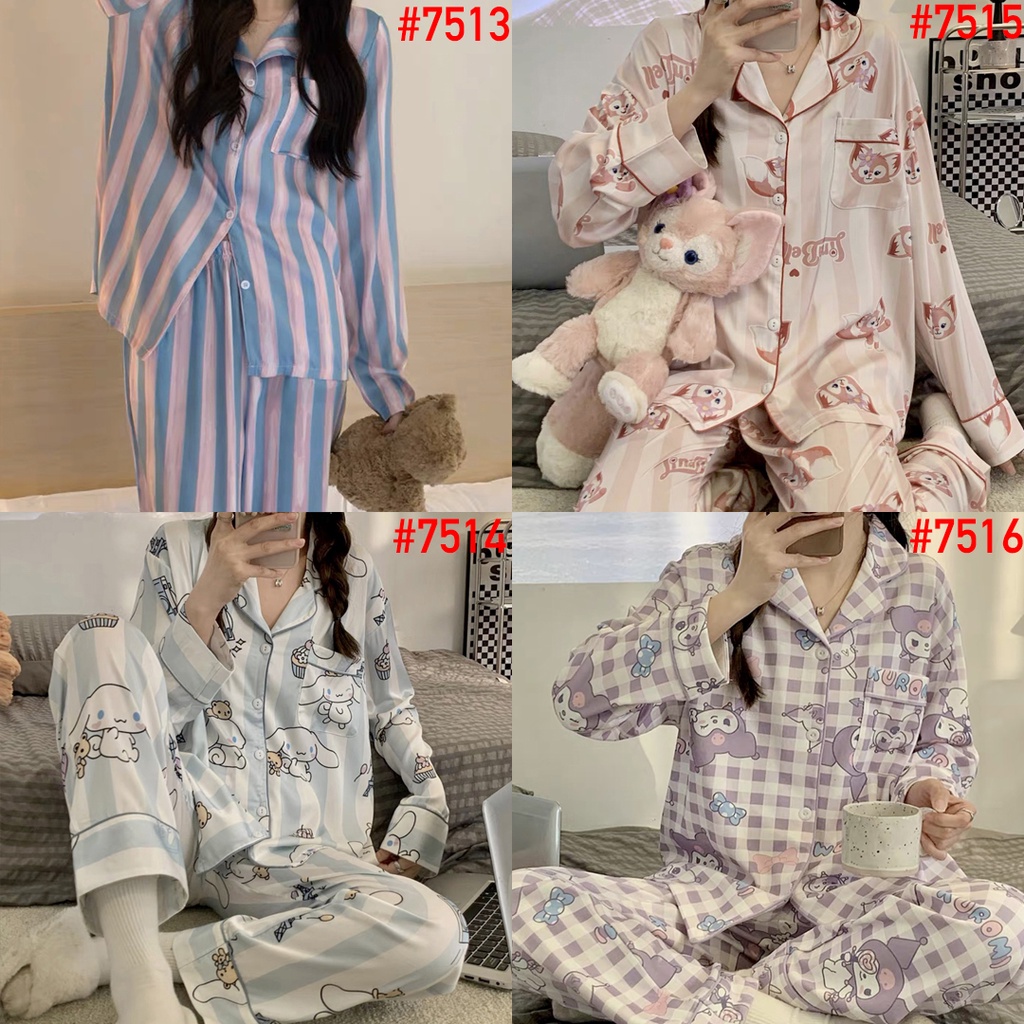 Piyama Baju Tidur Wanita Import PP Fashion Kerah Kancing Lengan Panjang Celana Panjang