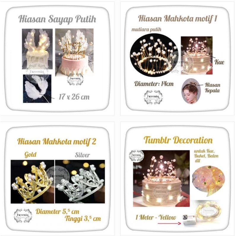 Hiasan mahkota mutiara cake topper kue crown tiara topper white feather sayap bulu putih