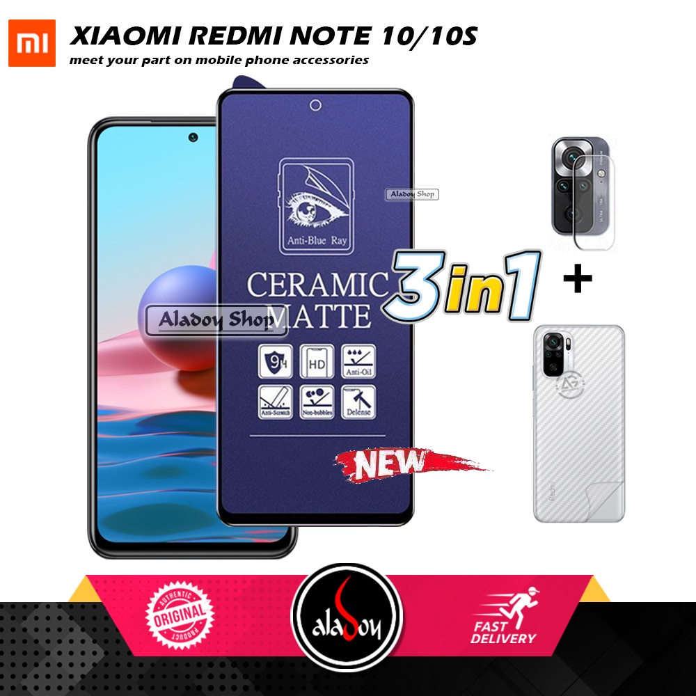 PAKET 3IN1 Anti Gores Blue Matte Anti Glare Xiaomi Redmi Note 10/10S + Tempered Glass Camera dan Skin Carbon