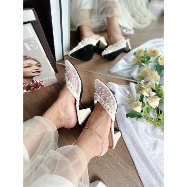 Termurah!!!! sendal hak payet white delusi series/ sepatu pengantin/sepatu brukat/ sepatu payet