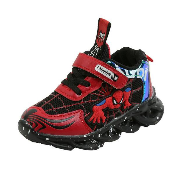 Sepatu anak spiderman new led gliteran manik manik kedap kedip merah// hitam